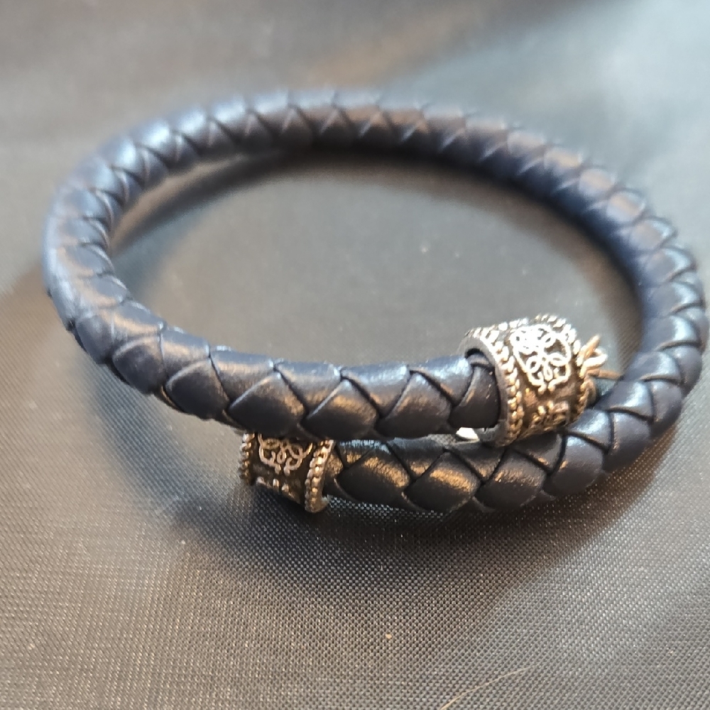 Alex and Ani Vintage 66 Navy Leather Braided Wrap Bangle Bracelet, Adjustable - Picture 4 of 6
